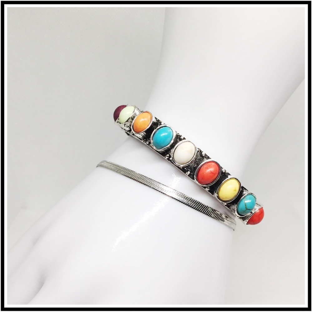 Multicolor Turquoise Silver Chain Bracelet Set